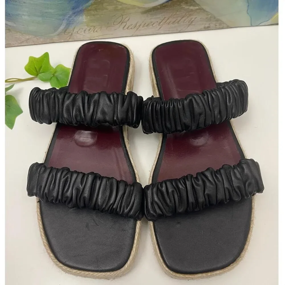 STAUD Maya Leather Ruched Double Strap Espadrille Platform Sandals Sz 37 / US 7